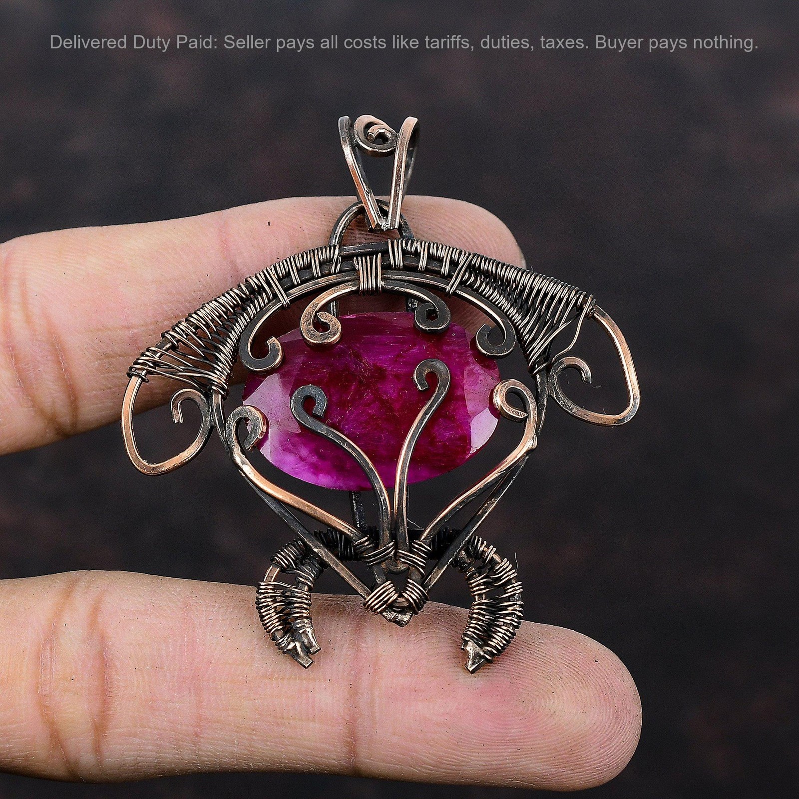 Kashmir Rubi Gemstone Copper Artisan Daughter Wire Wrapped Tortoise New Pendant