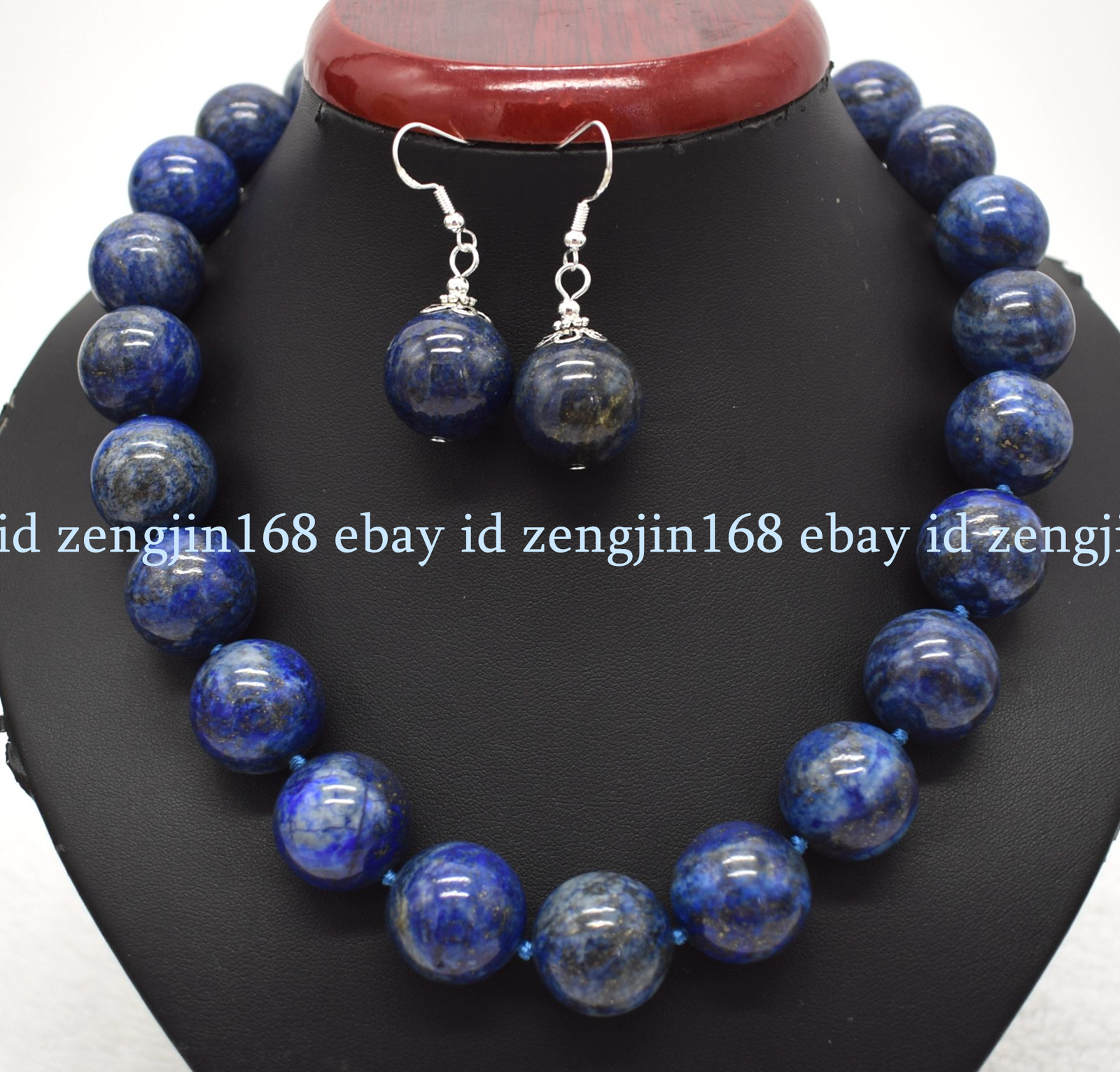 Huge 20mm Natural Blue Lapis Lazuli Gemstone Beads Necklace Earrings Set 18″ AAA