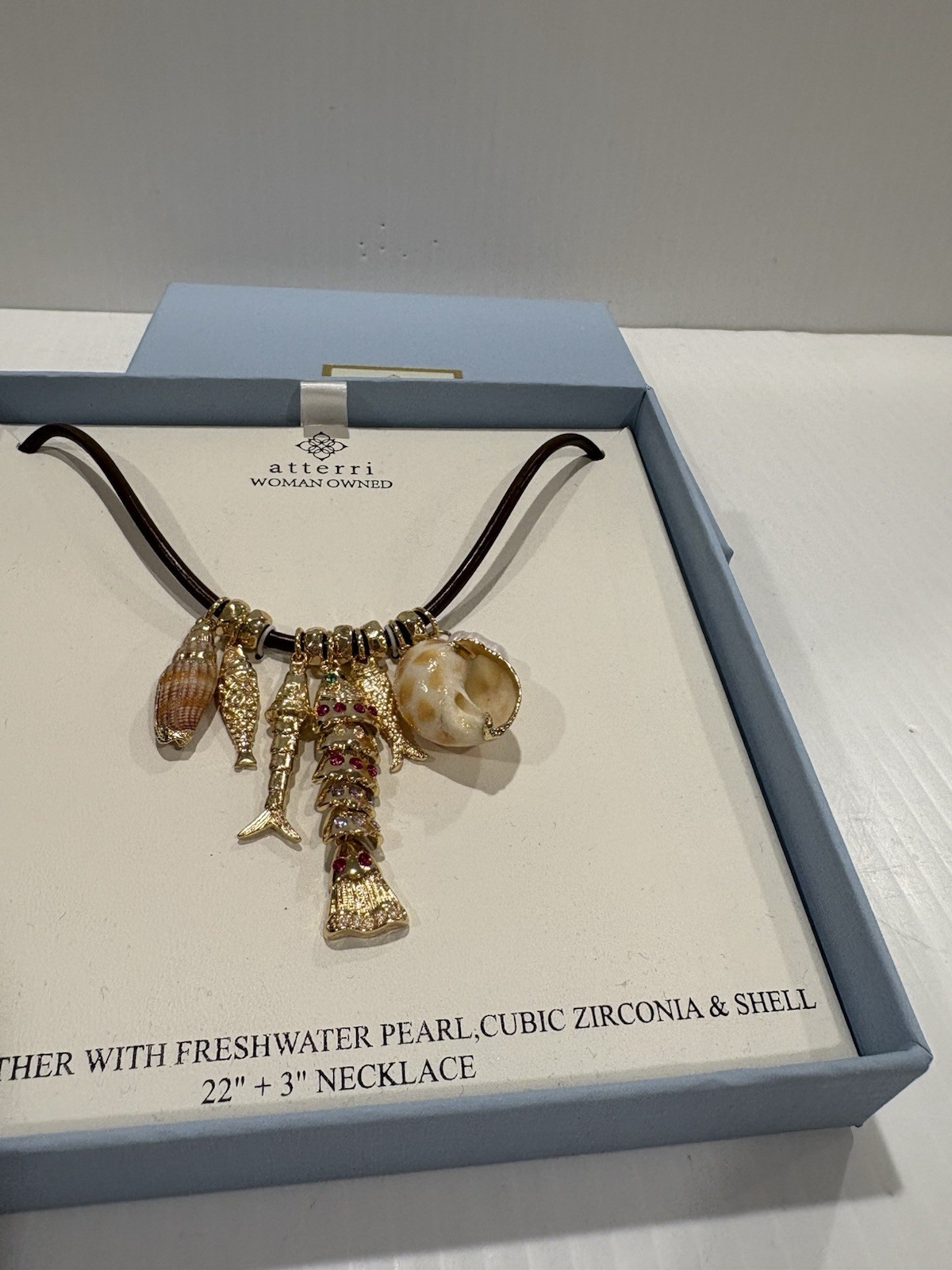 ATTERRI CHARM NECKLACE GENUINE LEATHER W FRESH WATER PEARL CUBIC ZIRCONIA &SHELL