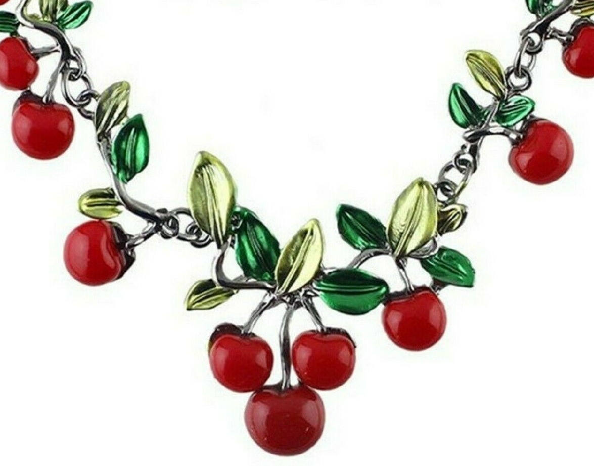 US Seller Cute Enamel Red Cherry Leafs Gun Black Chain Necklace