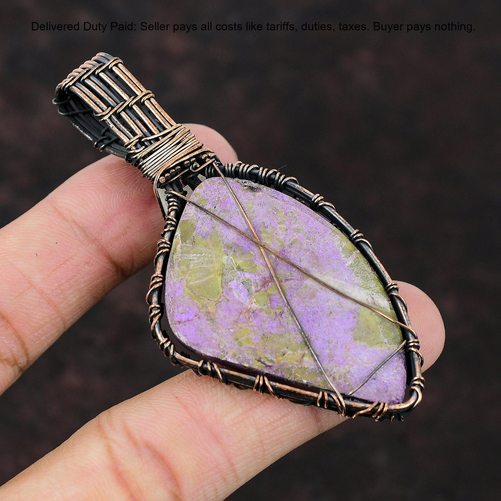 Copper Trillion Stichtite Gemstone Art Deco Daughter Wire Wrap Artisan Pendant