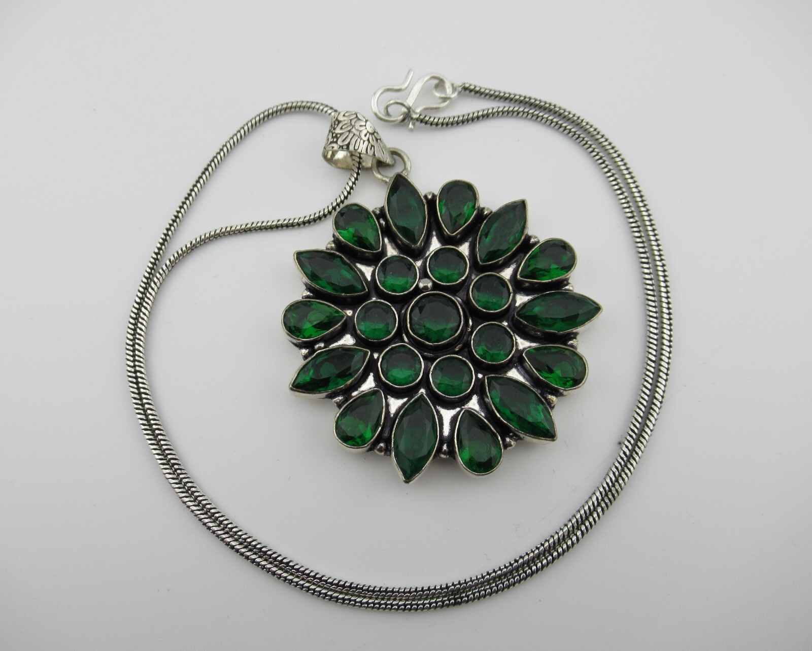Necklace Pendant Flower Green Cluster Bezel Set Glass Cabs Bold Large Silver