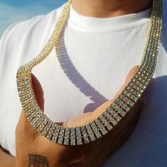 Hip Hop Gold PT Iced 4 Row Lab Diamonds 15mm 30″ Pharaoh Tennis Chain Necklace