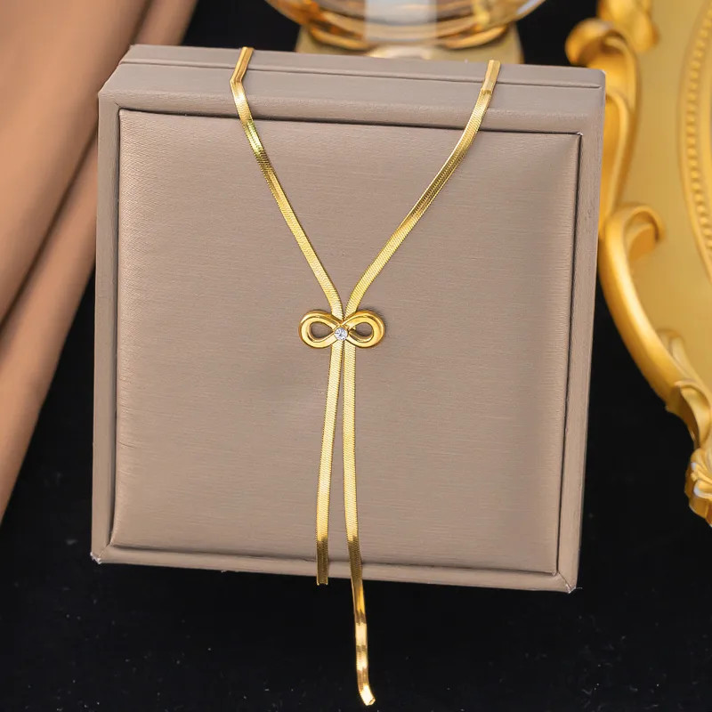 Gold Infinity Bow Knot Lariat Necklace Women Titanium Steel Herringbone Chain