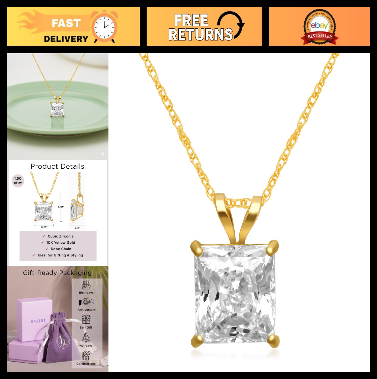 10K Gold Princess Cut CZ Solitaire Pendant Necklace for Women | 1.0-2.0 Carat |
