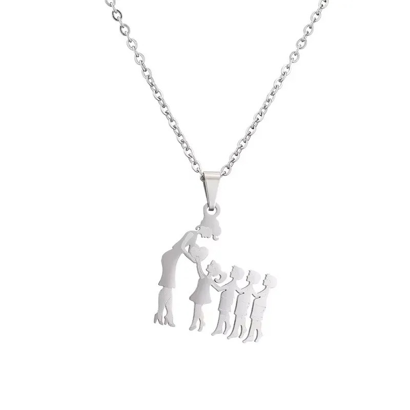 Mother Child Heart Necklace Stainless Steel Family Figure Pendant Jewelry