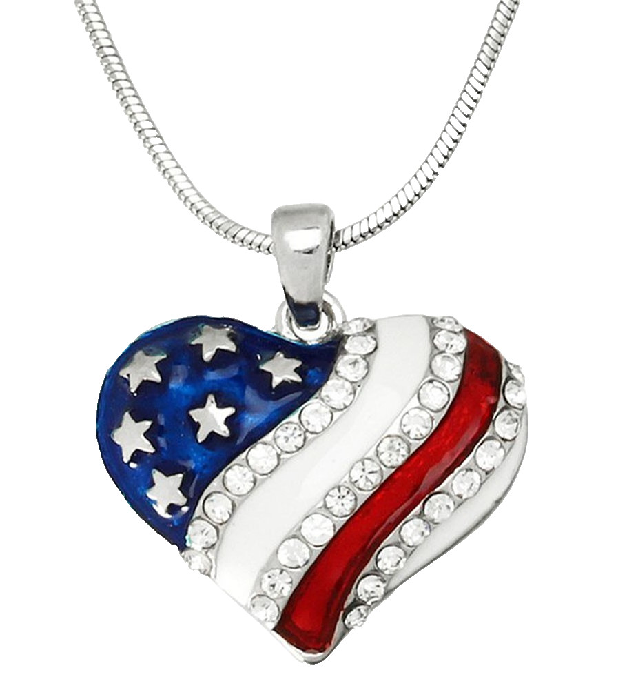 Patriotic Red White Blue Heart American USA Flag Pendant Necklace 21″ Chain