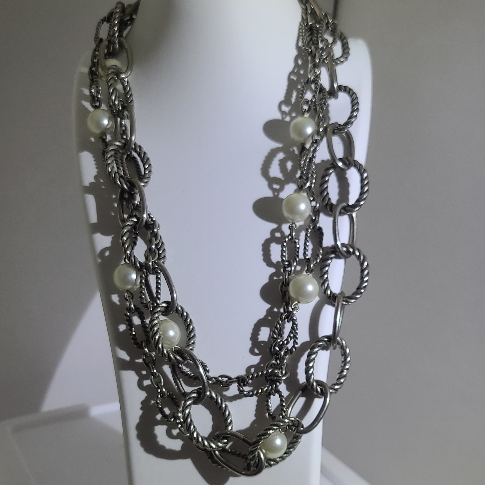 Belisimo By PREMIER Silver Tone Layered MultiStrand Chain Necklace Pearls Toggle