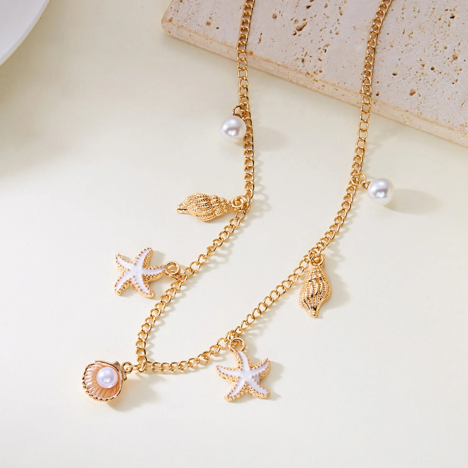 Fashion Gold Color Starfish Conch Turtle Pendant Necklace for Women Handmade She