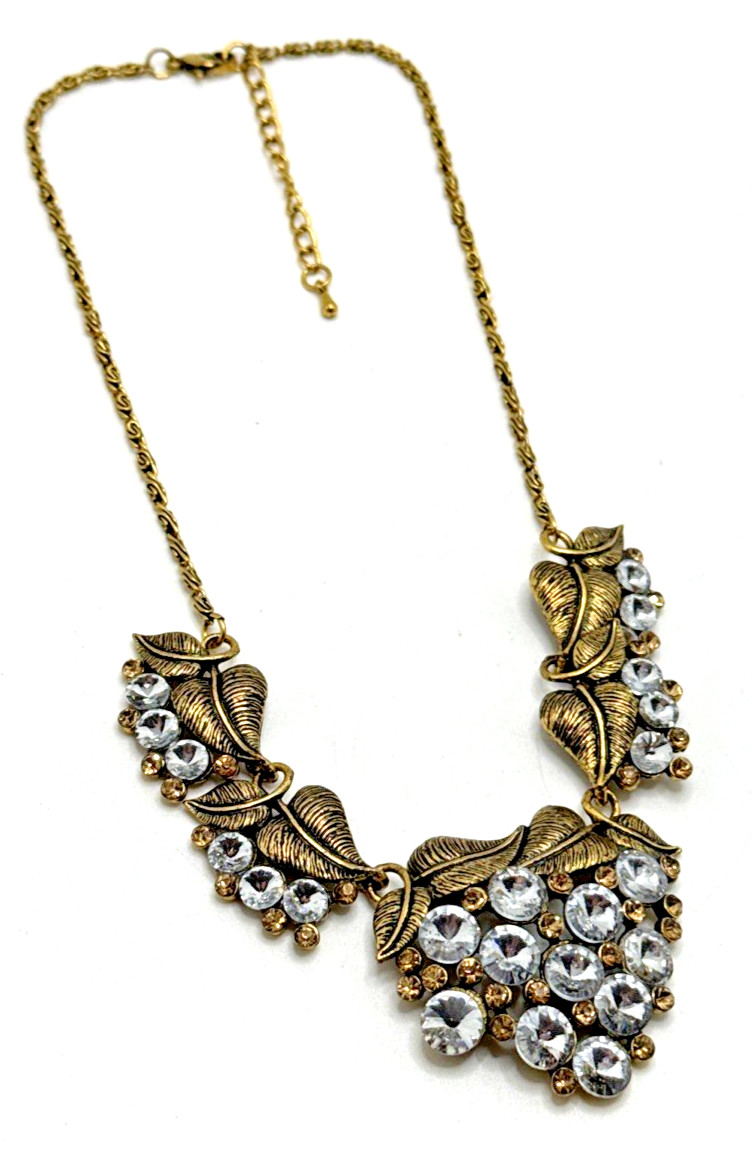 Clear Crystal Cluster Floral Bib Necklace Gold Tone Rivoli Rhinestone Statement