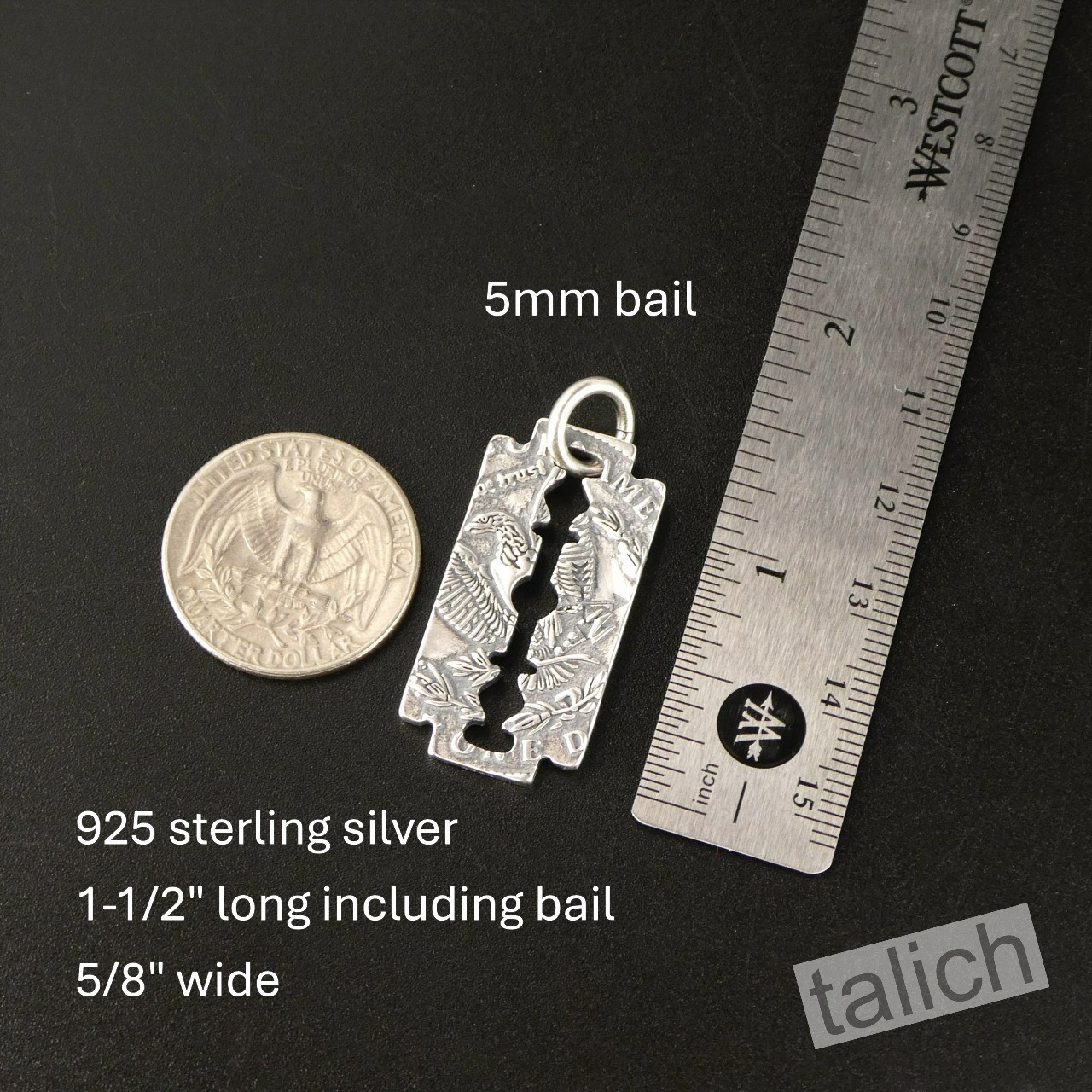 Solid 925 Sterling Silver Razer Blade Men’s Pendant Vintage Liberty Coin Detail