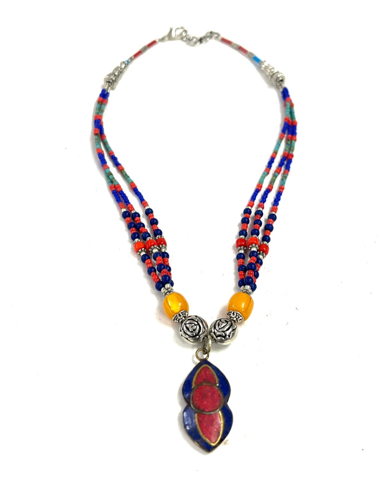 Red Coral Lapis Gemstone Tibetan Style Handmade Necklace Jewelry, 17 Inch Adjst