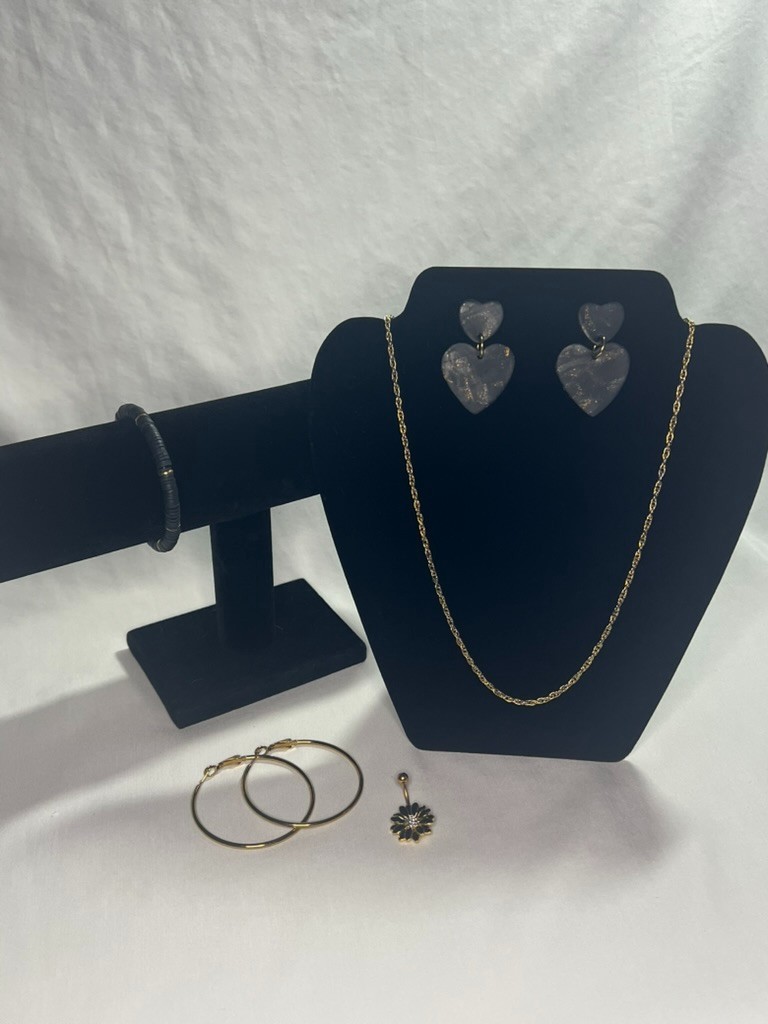 Gold Tone Jewelry Set: Rope Chain, Large Hoops, Heishi Bracelet, Belly Ring