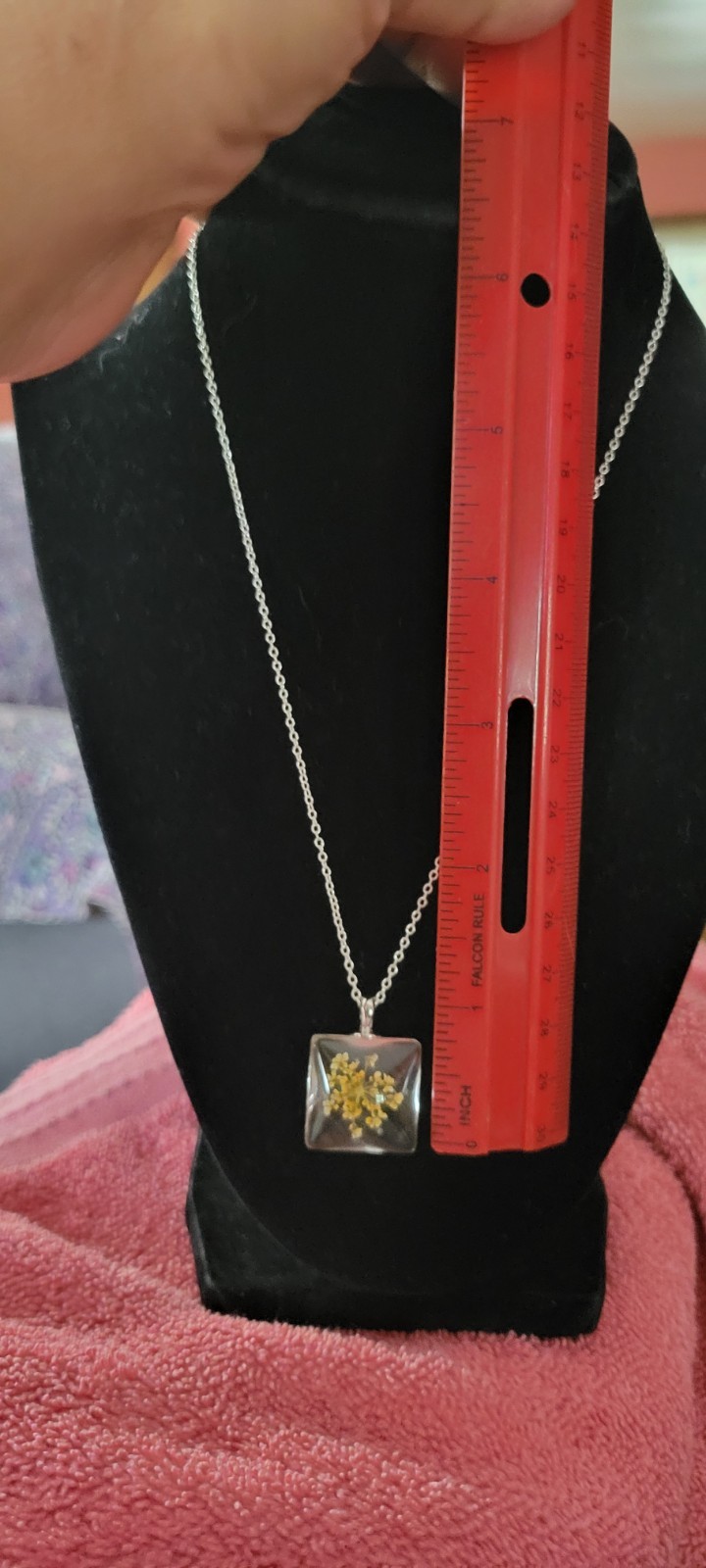 Square Clear Glass Yellow Flower Pendant Necklace 16 Inch, 925 Chain