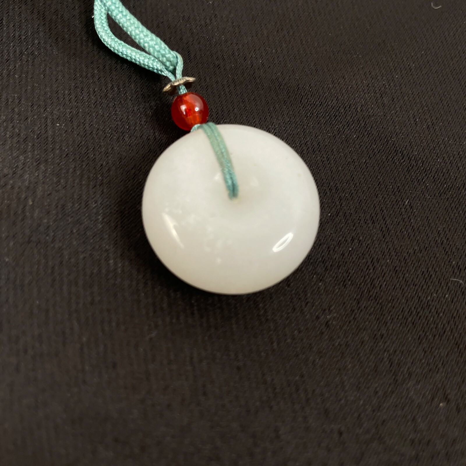 White Jade Quartz Donut Necklace Etched Chinese Happy & Prosperous Ships from US