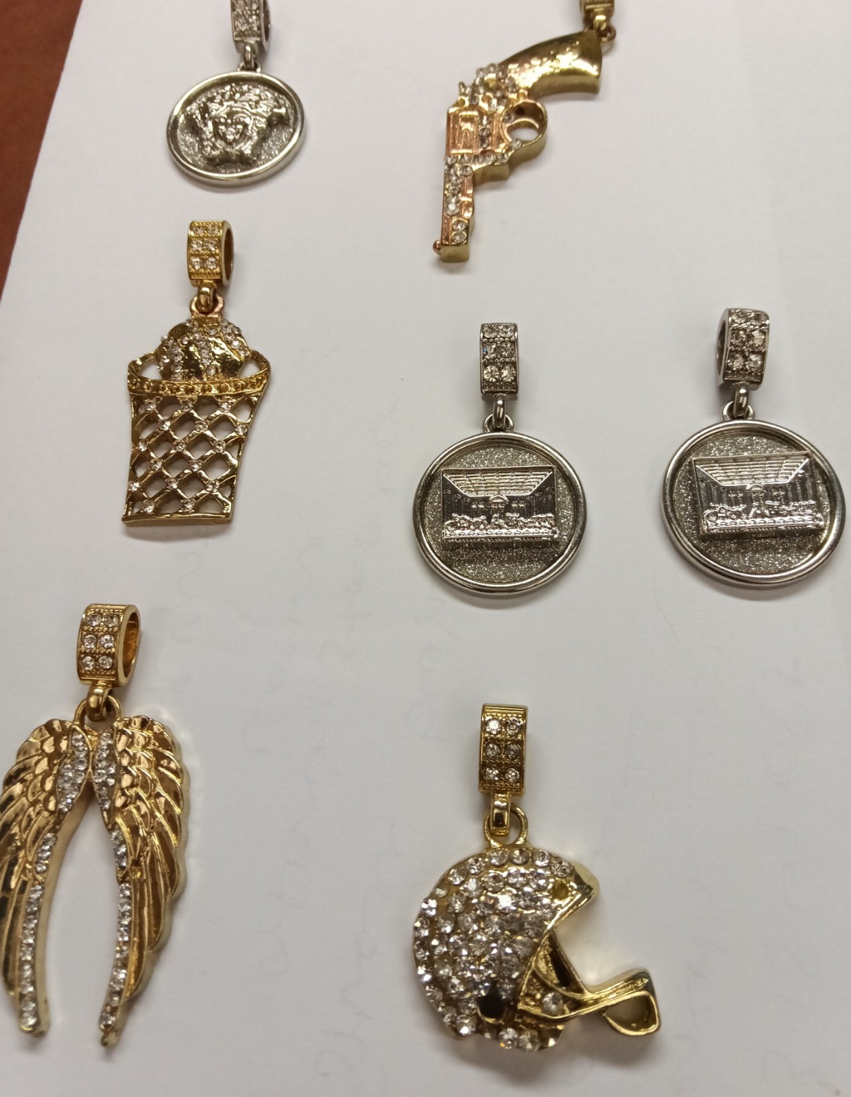 Mixed Gold & Silver Tone Pavé Clear Stone Charm Pendant Lot Of 7, Angels/Sports