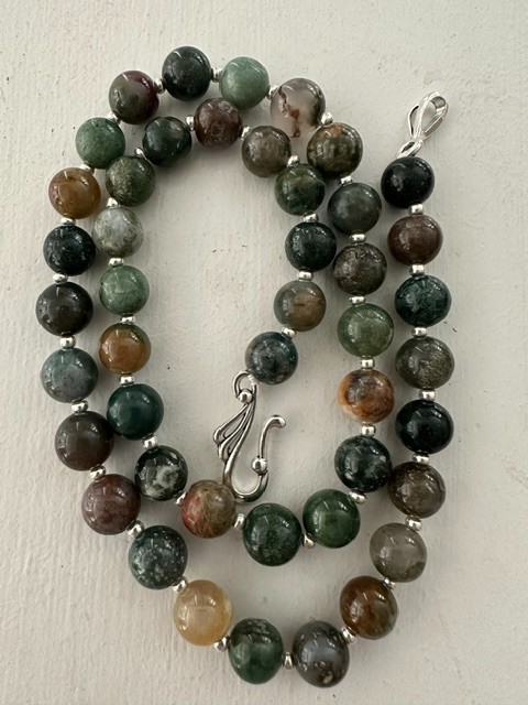Natural Moss Agate Multicolor Round 10 mm Gemstone Beads 22″ Necklace