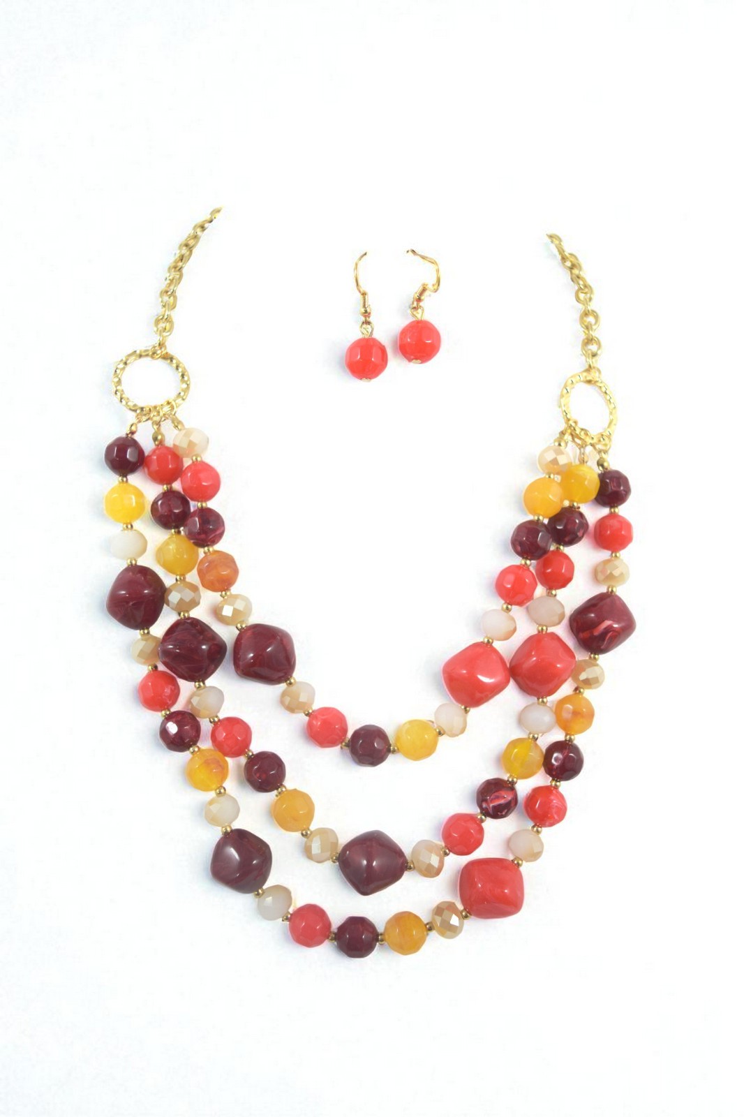 Colorful Multi-Strand Acrylic Bead Necklace & Earrings Set, Retro Color Necklace