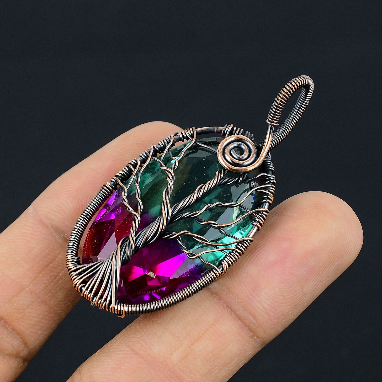 Bi Color Tourmaline Gemstone Copper Wire Wrap Jewely Pendant 2.3″ d113