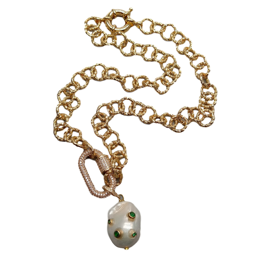 Cultured White Keshi Pearl Green Cz Pave Gold Plated Chain Necklace 18″