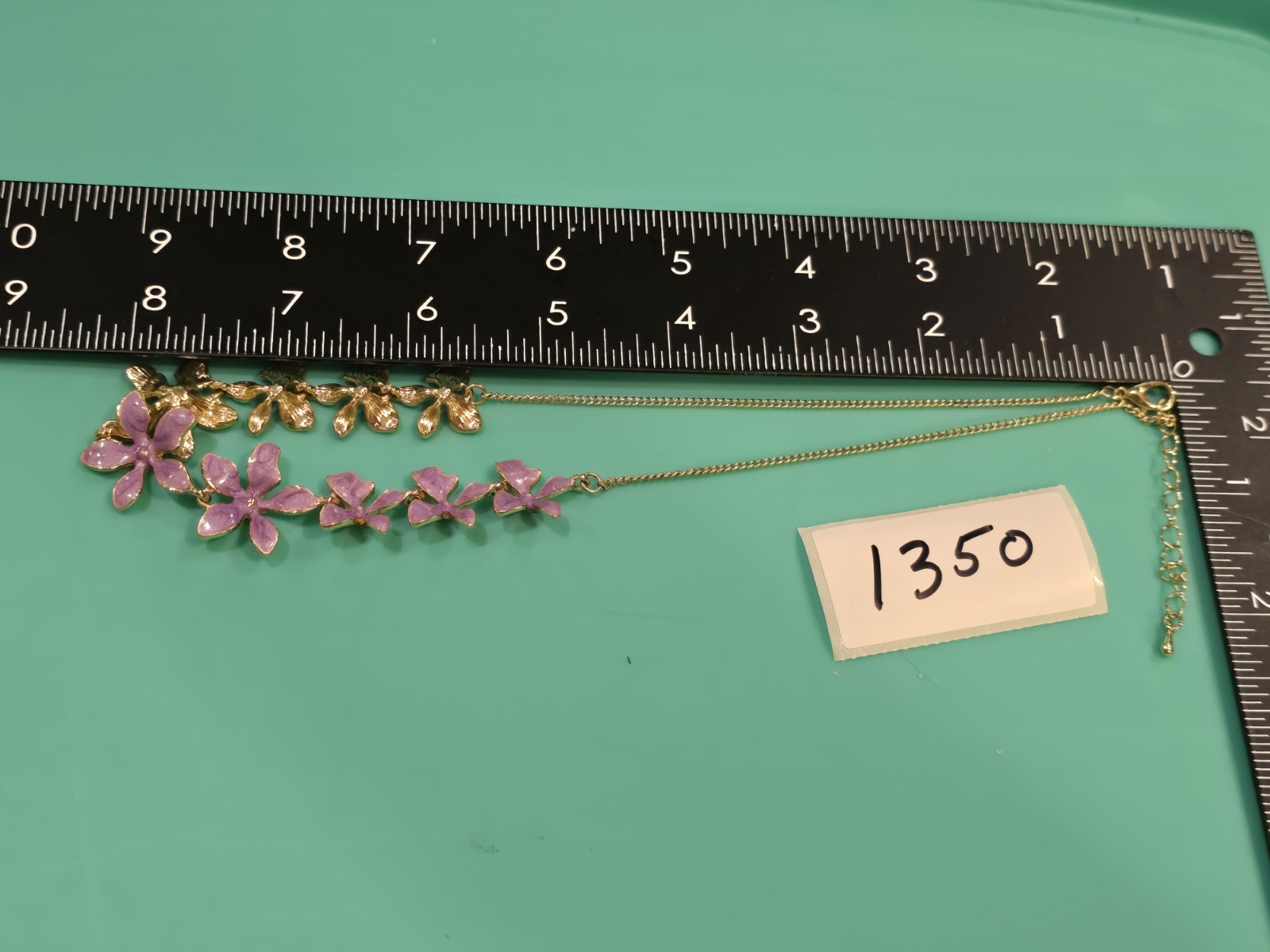 Lavender Enamel Flower Necklace Gold Tone Floral Statement Adjustable Purple