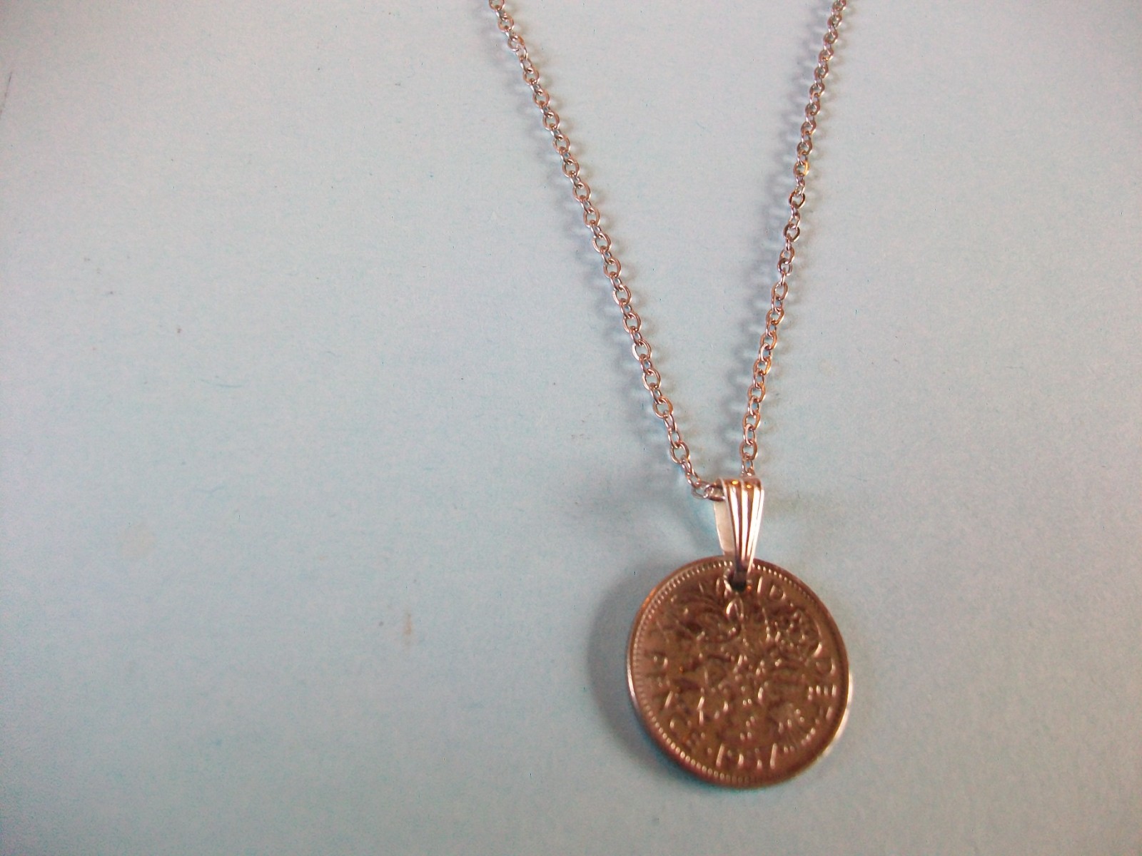 SIXPENCE COIN – SILVER FINE LINK CABLE CHAIN PENDANT NECKLACE – 1953 to 1967