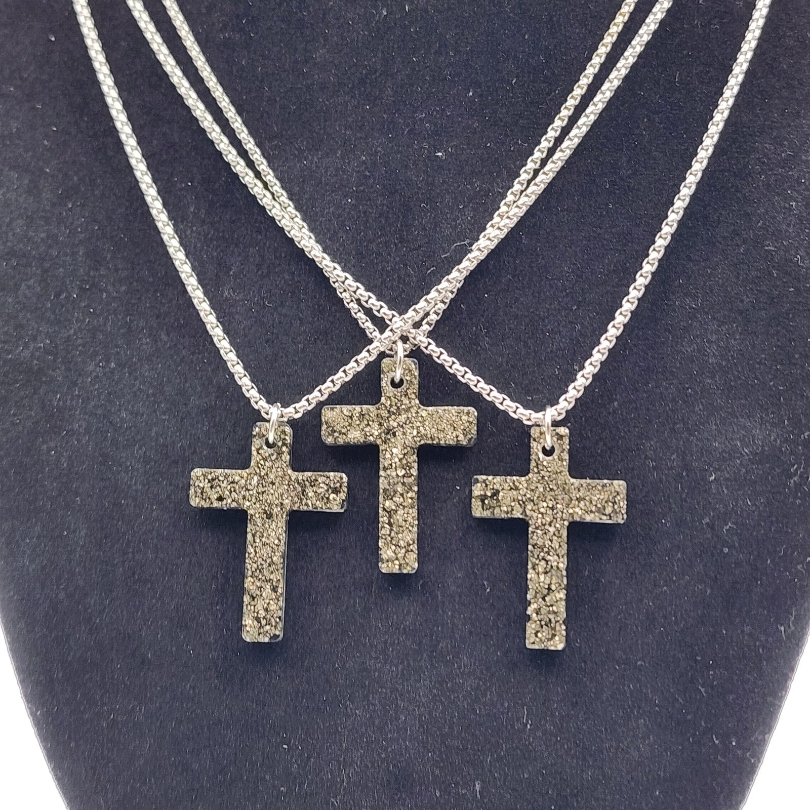 Handmade Pyrite Cross Pendant Necklace Resin Cross 50cm Stainless Steel Chain