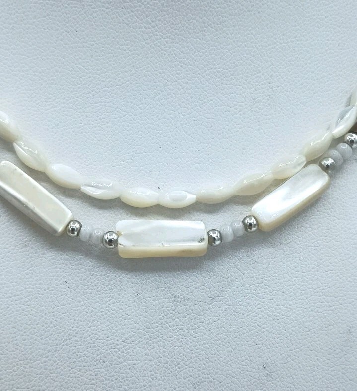 VTG Mother Of Pearl Shell Choker Necklace Set 2 Hand Carved Surfer Beach Unisex