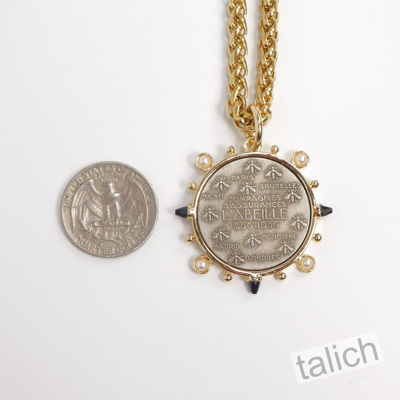Designer VB&CO Vintage Style Pearl Accent French Bee Coin Pendant Necklace Chic