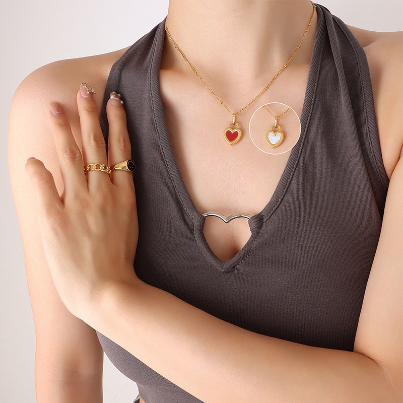 Gold Plated Stainless Steel Double Sided Shell Heart Pendant Necklace