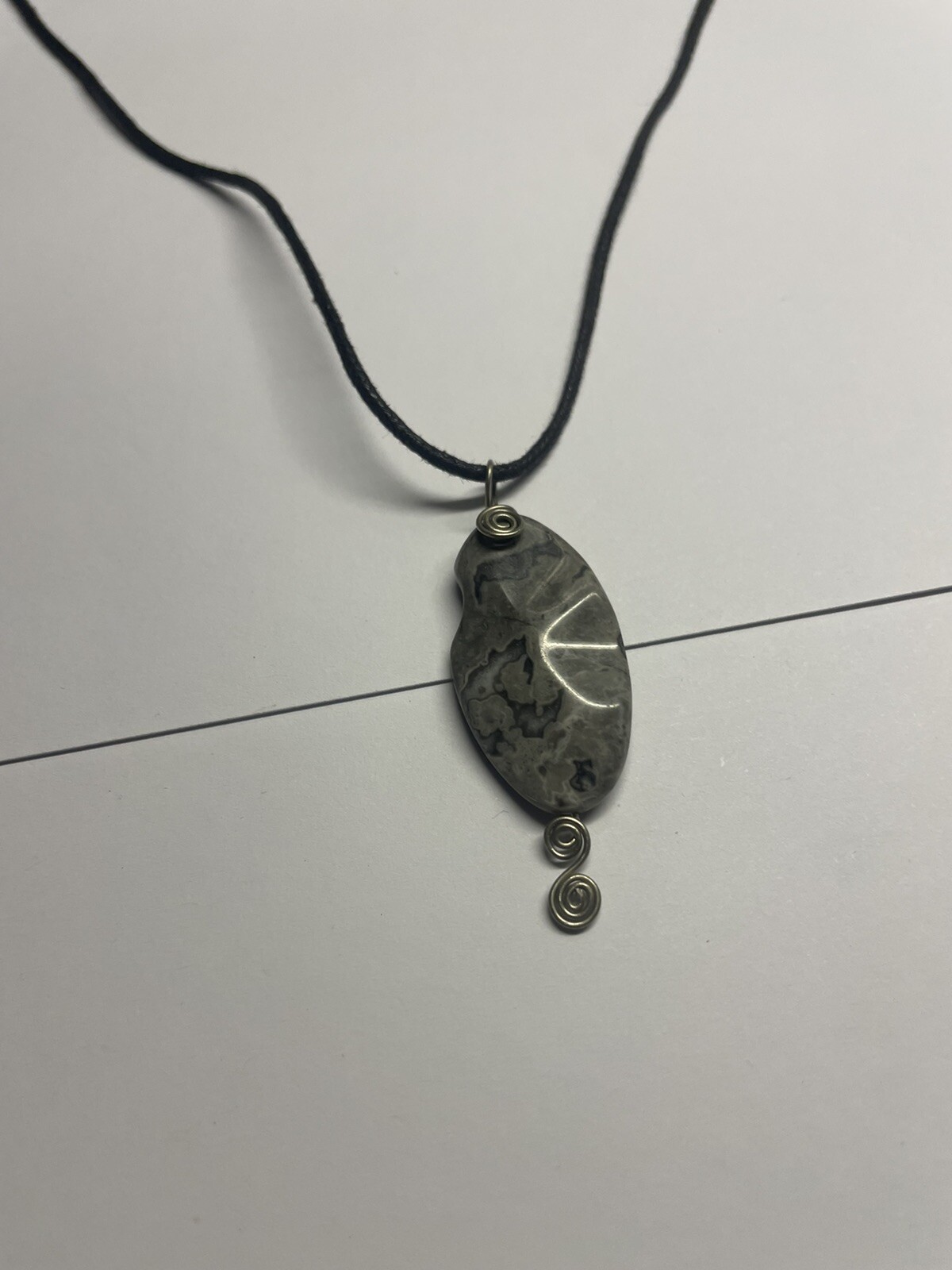 Women’s Grey Natural Stone Pendant / Black Cord Costume Necklace
