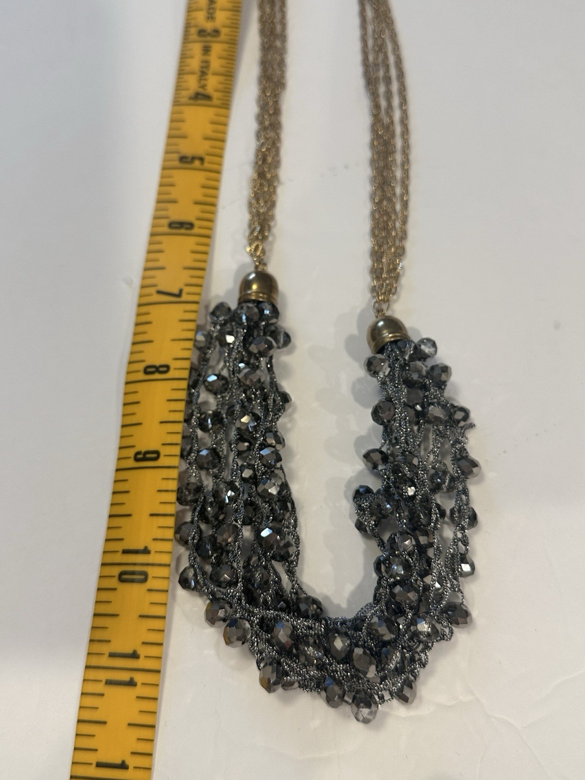 Smoky Gray Multi Strand Beaded Statement Necklace Gold Tone Boho Waterfall Bib
