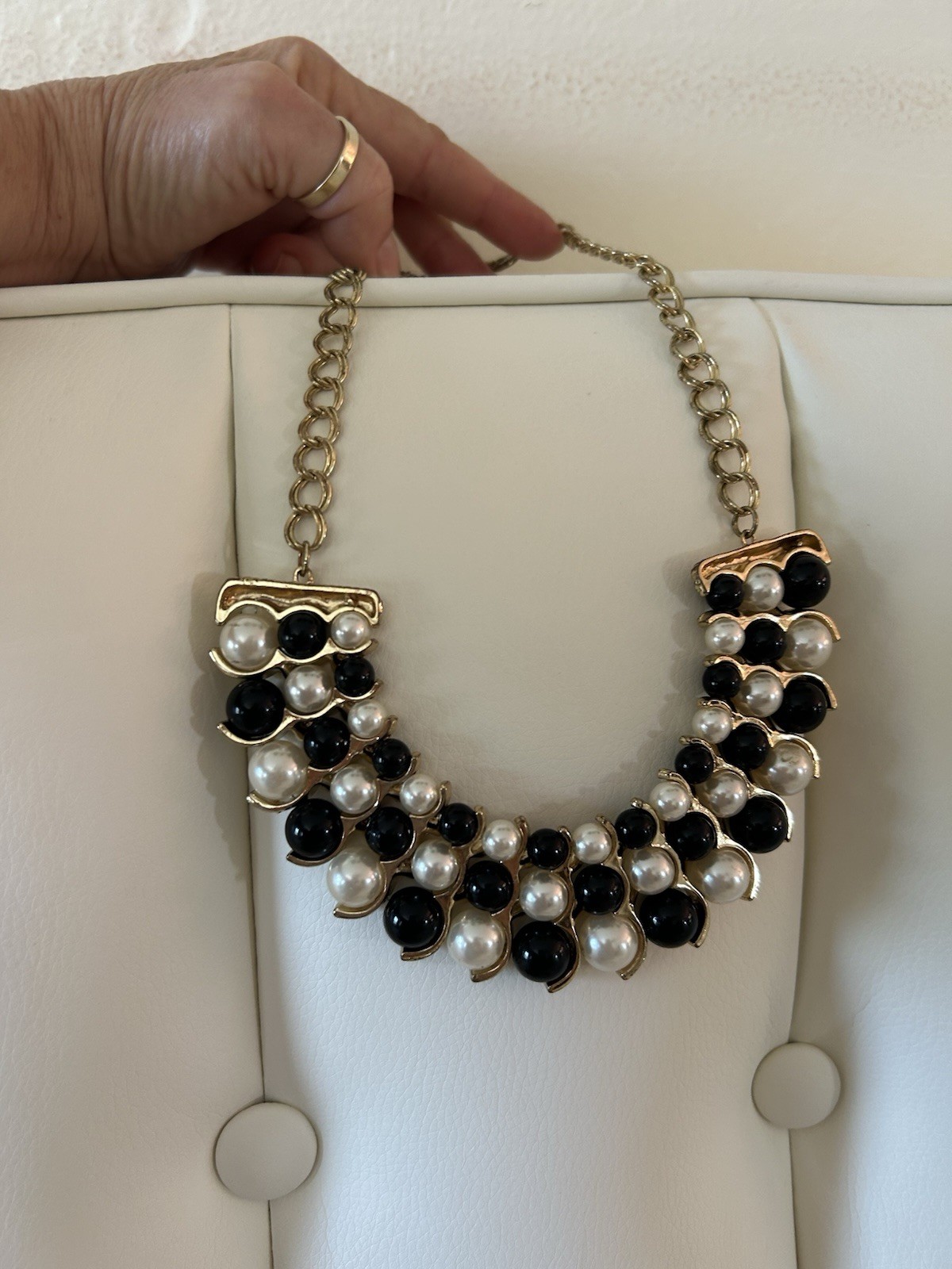Statement Bib Necklace Gold Tone Cable Chain Black White Faux Pearls Cluster