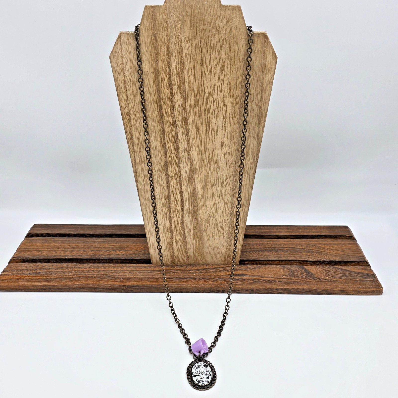 Plunder Bronze Coffee & Jesus Quote Necklace Oval Pendant Purple Mug Charm 32”