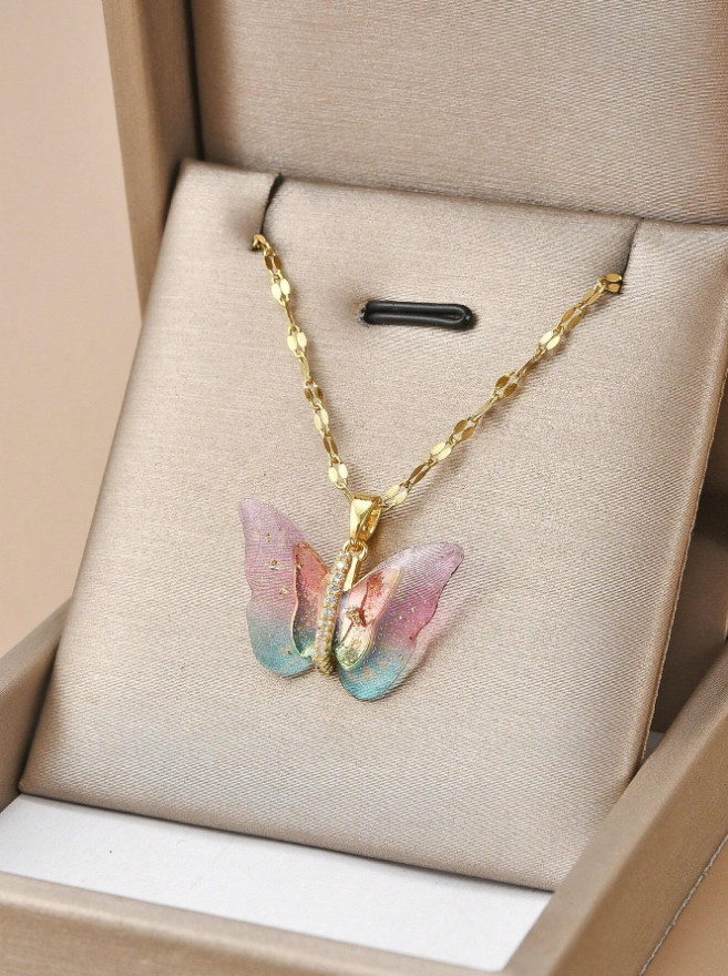 Women’s Fashion Jewelry Cubic Zircon Gold Color Butterfly Pendant Necklace Gift