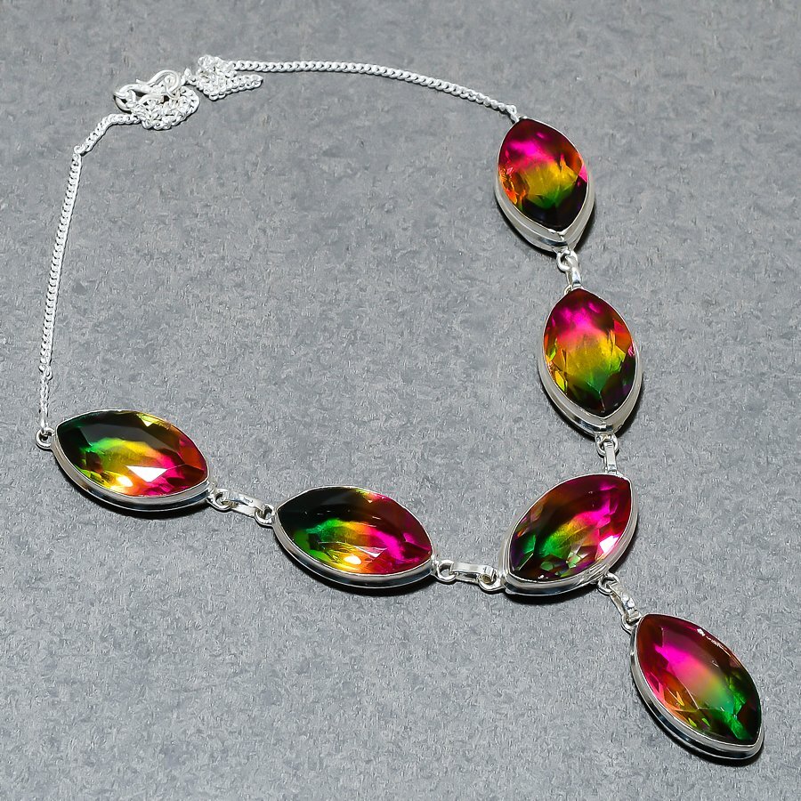 Faceted BI-Color Tourmaline Marquise Shape Gemstone Fashion Jewelry Necklace 18″