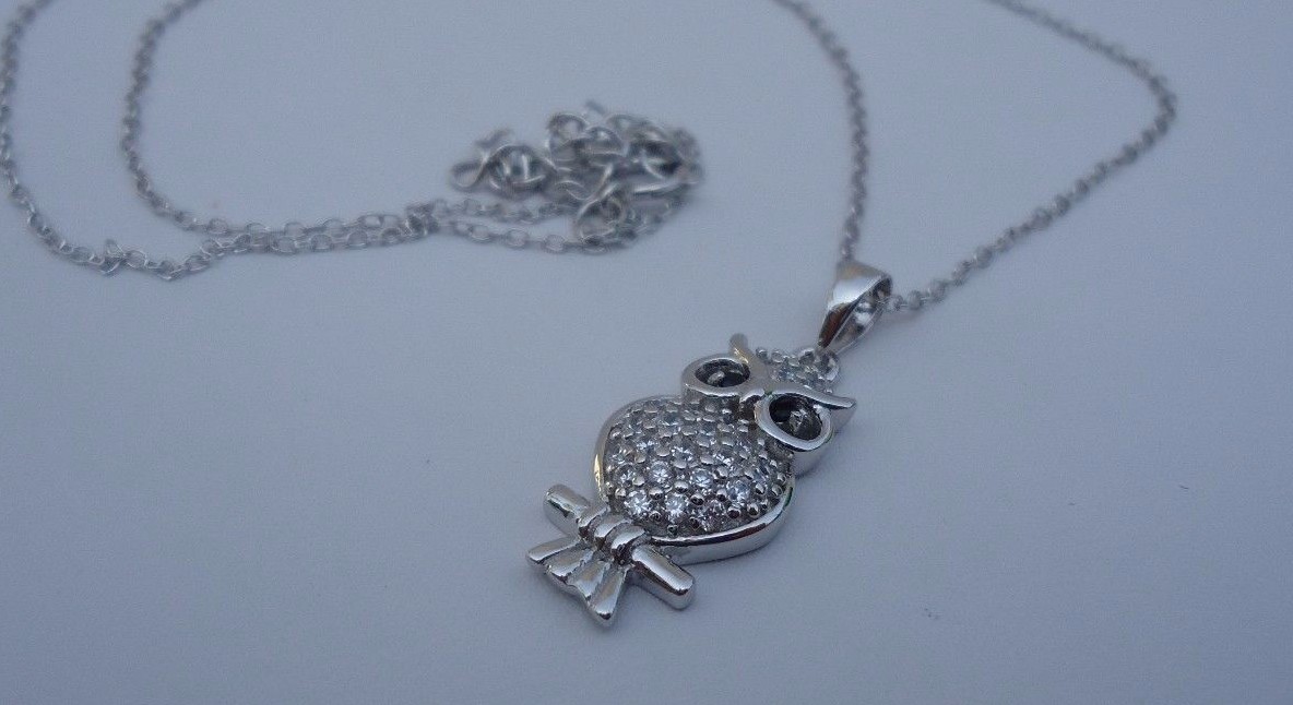 925 STERLING SILVER DESIGNERS OWL PENDANT NECKLACE W/ 1 CT LAB CREATED DIAMONDS
