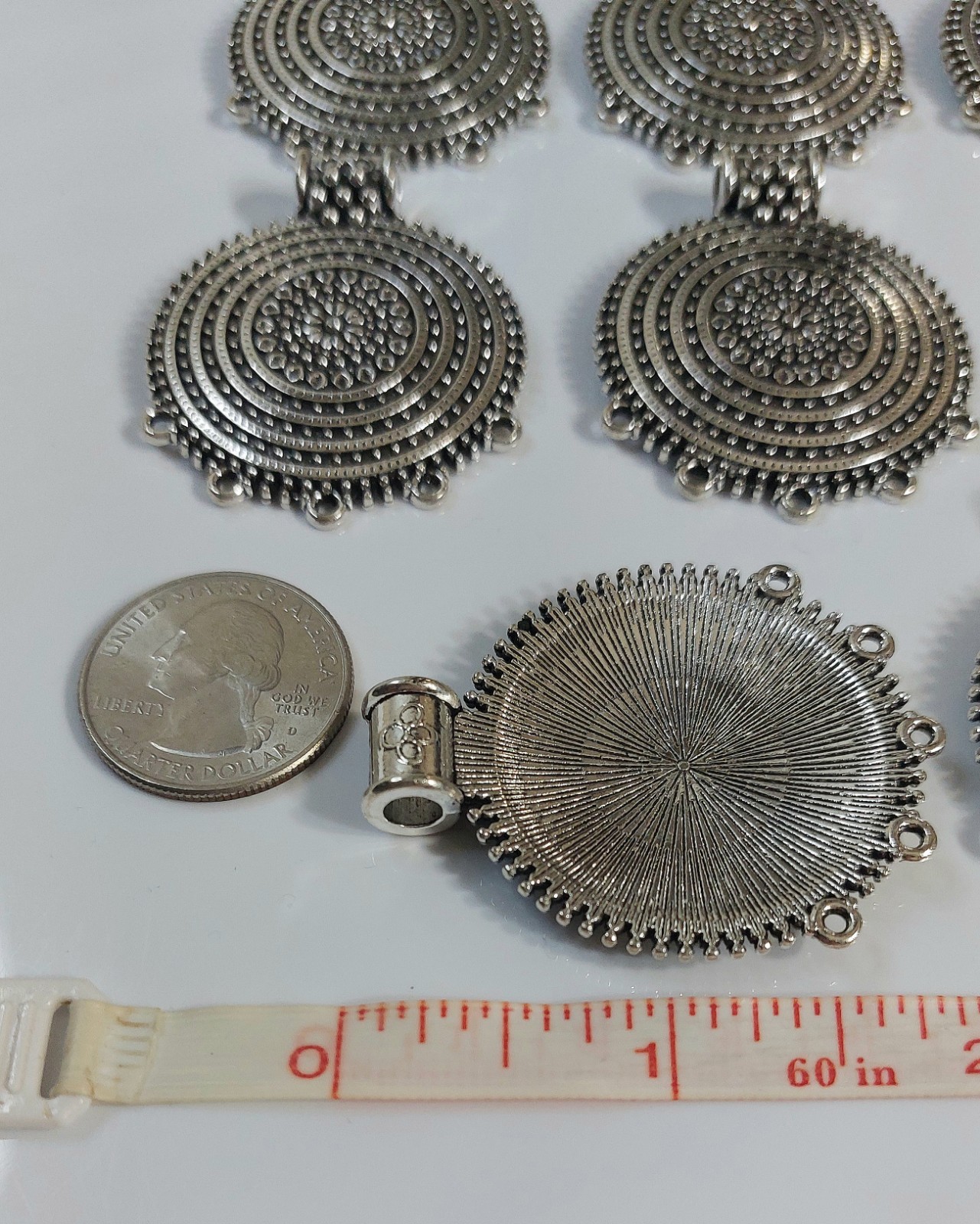 Boho Silver Tone Round Pendant Charms – Set of 8