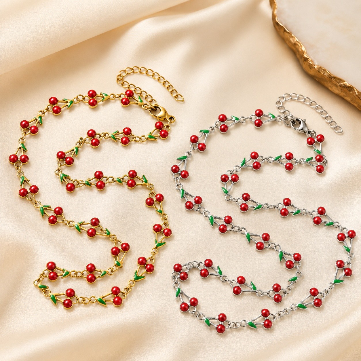 Chain Necklace Stainless Steel Gold Cherry Enamel Link Chain Red Silver N129