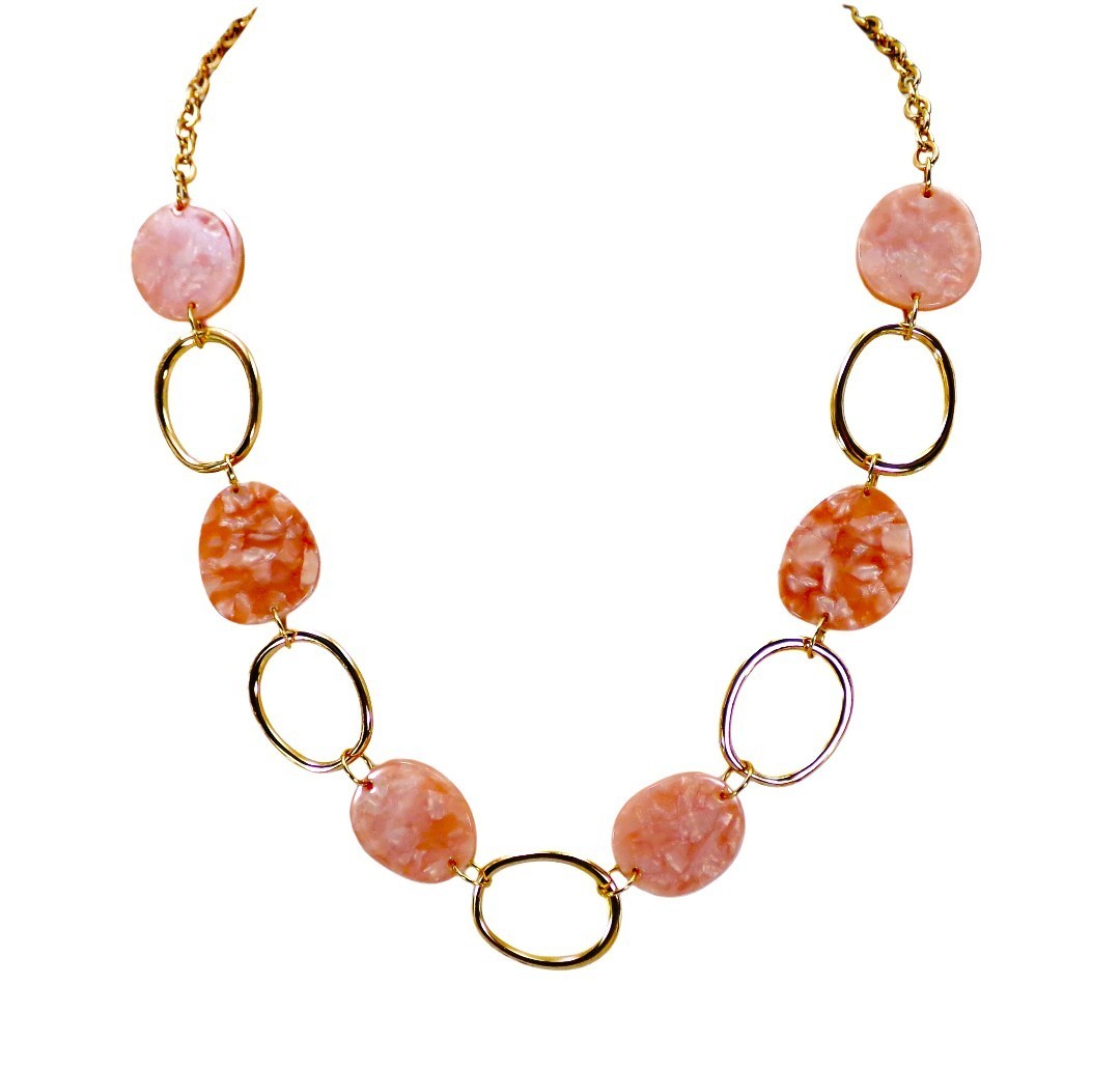 Pink and gold link necklace with pink flat marble look oval disk beads NEW