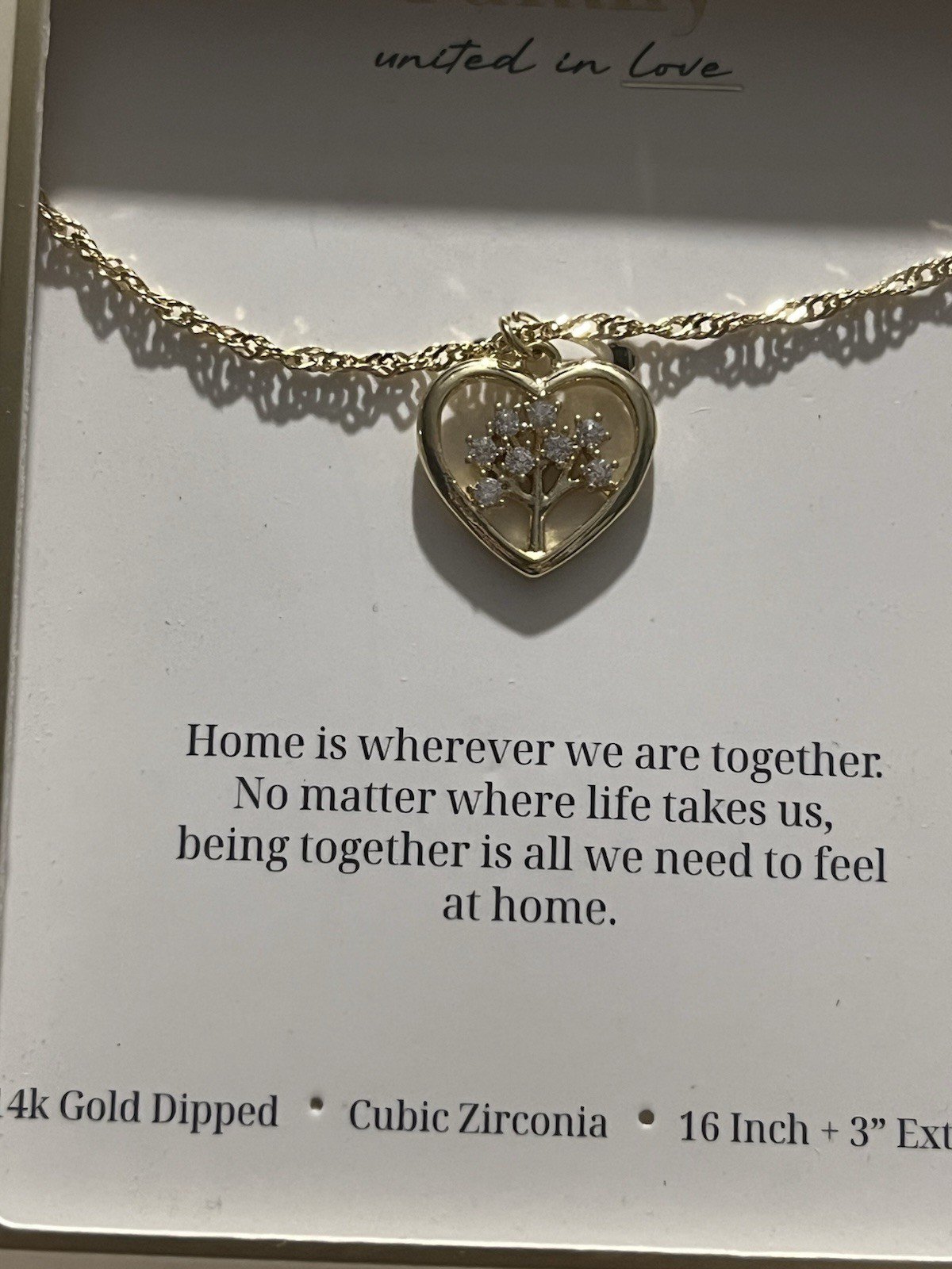 Target CZ Heart Pendant family tree Necklace Gold Plated Rope Chain 16+3in Adj