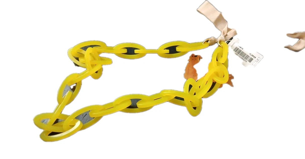 J. Crew Yellow Plastic Link Necklace with Gray Ribbon Tie Closure