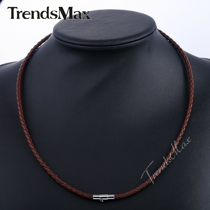 4mm 16-24″ Brown Braided Cord Rope Man-made Leather Necklace with Magnetic Clasp