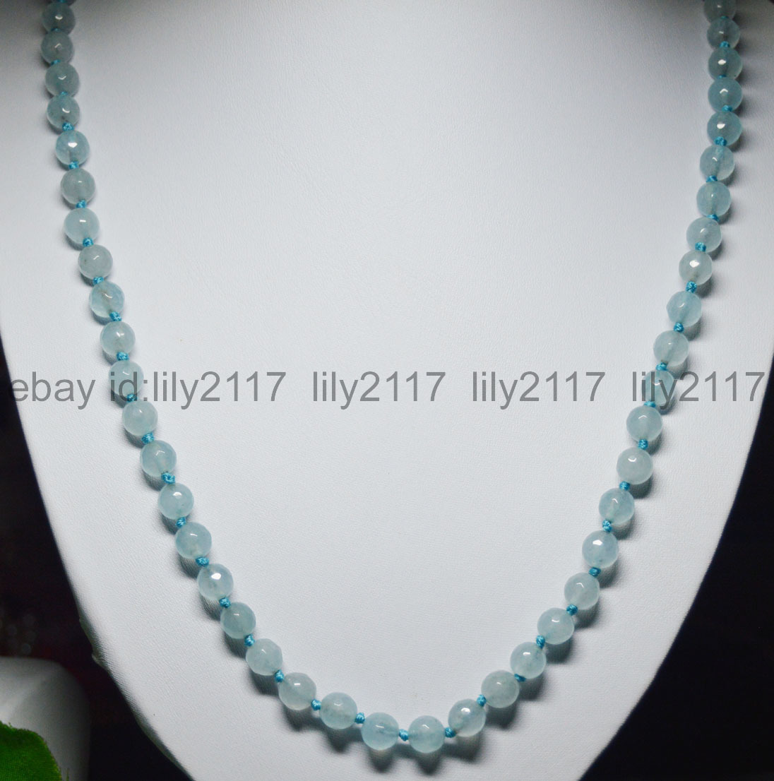 8mm Faceted Brazilian Blue Aquamarine Gemstone Round Beads Necklaces 24″