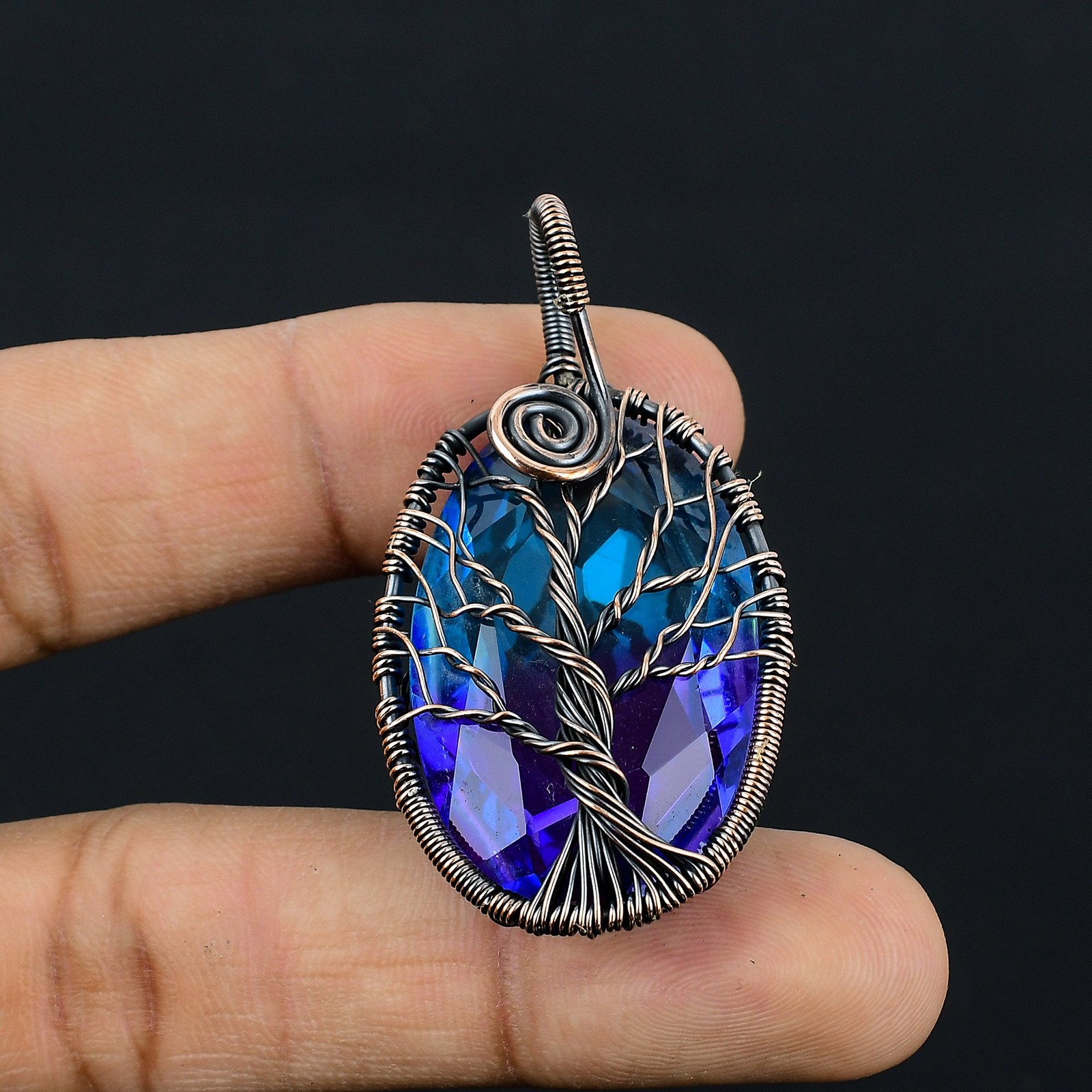 Bi Color Tourmaline Gemstone Copper Wire Wrap Jewely Pendant 2.1″ K646