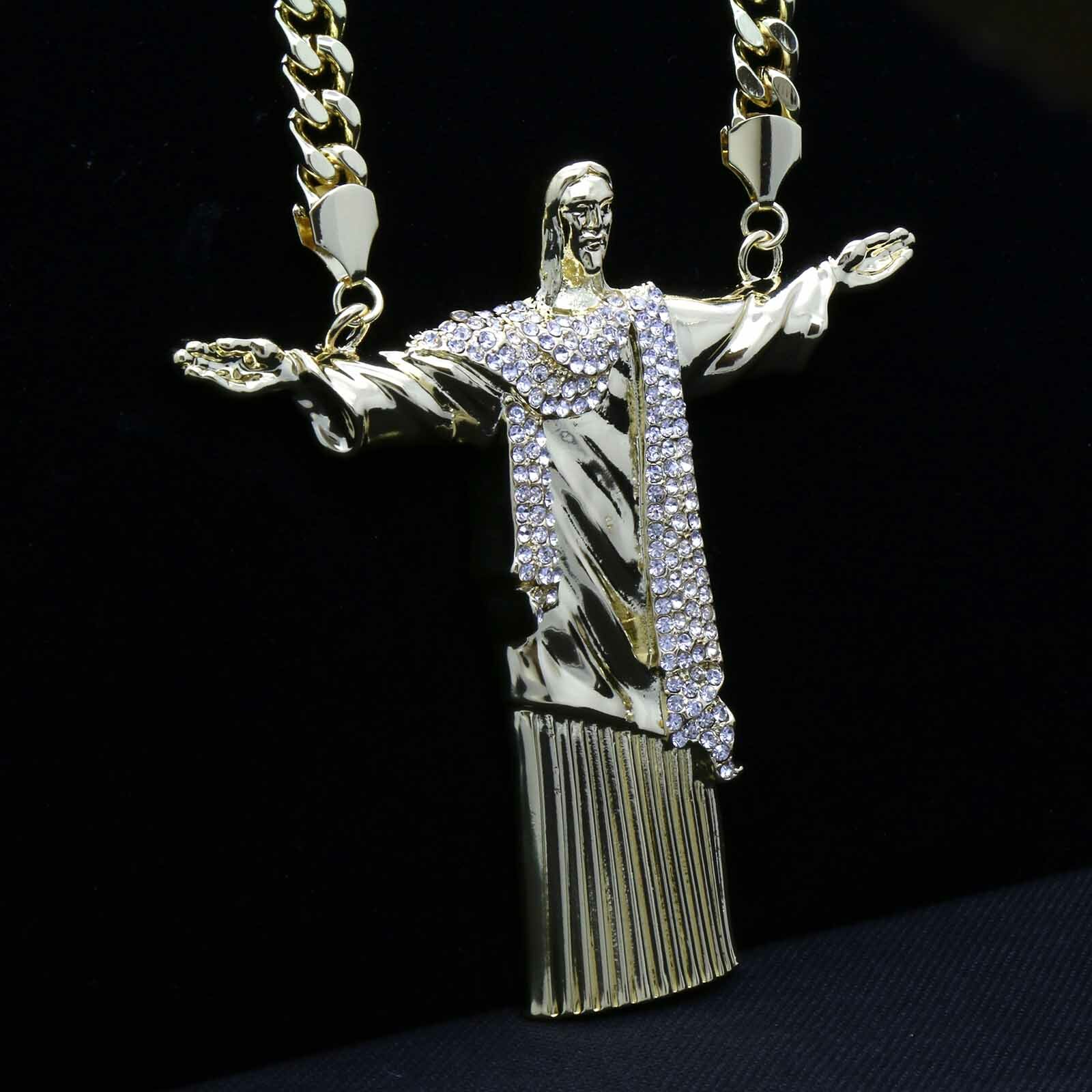 Hip Hop 14k Gold Plated Huge “JESUS” Pendant Cubic Zirconia 30″ Cuban Chain (H)