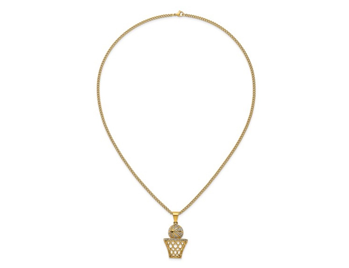 Yellow Plated Stainless Steel Basketball & Hoop Pendant Necklace with Chain