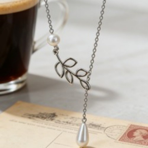 Leaf & Teardrop Pearl Lariat Necklace, Silver Tone Nature-Inspired Jewelry