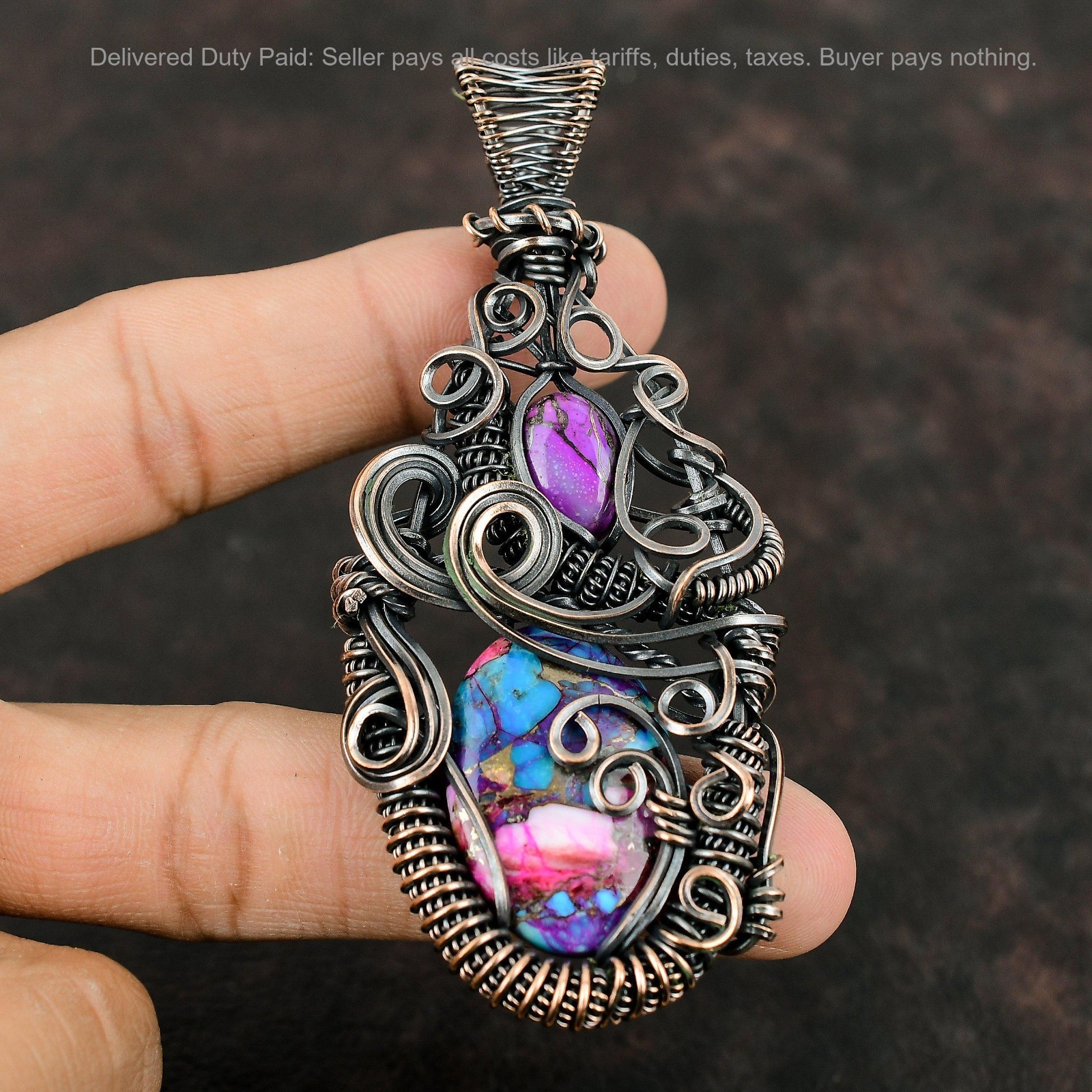 Copper Oval Natural Kingman Pink Dahlia Turquoise Wire Wrapped Pendant Jewelry