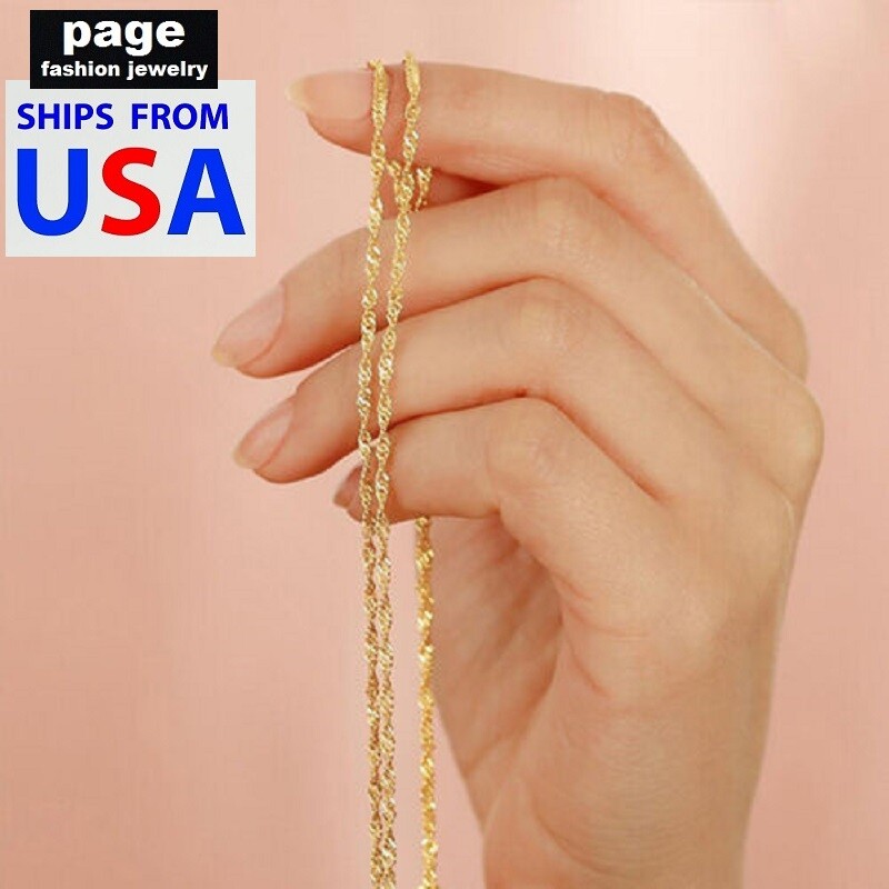 Women’s Girl’s 18″ Water Wave 2mm Chain Necklace 18K Yellow Gold Filled Jewelry